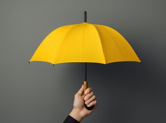 Hand carrying a yellow umbrella on a black background. generative AI