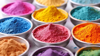 Colorful powder paints in bowls for Indian Holi festival white background ,hd, shine