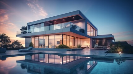 3D rendering of a modern house with a swimming pool at sunset.