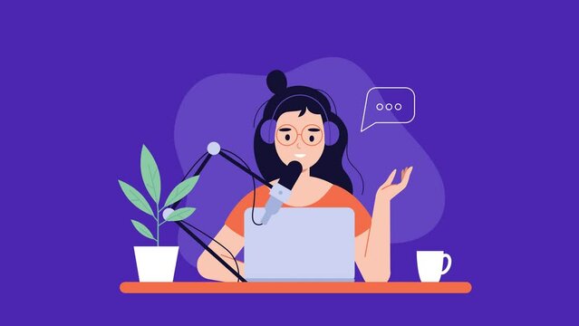 Podcaster girl. Podcasting, host recording podcast, microphone, headphones, home studio, streaming. 4K animation video with alpha channel.