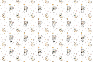 cute happy sheep lamb on white background for boys and girls with moon stars seamless endless pattern vector illustration