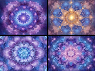 Set of four blue fractal flower mandalas.	