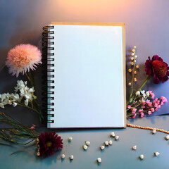 A blank notebook paper mockup with flowers.