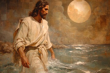 Jesus Walks on Water: A Painting of the Religious Figure in a Modern Setting Generative AI - obrazy, fototapety, plakaty