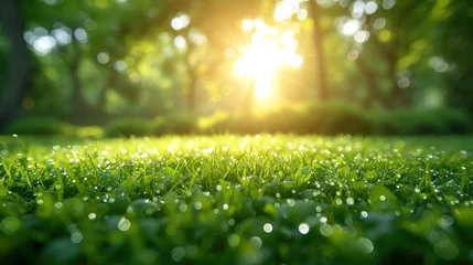 Fotobehang Green grass with sunlight and bokeh background, soft focus. Generative Ai.  © zorandim75