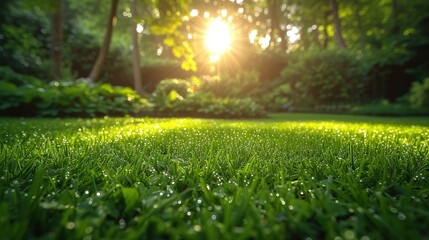 Green grass with sunlight and bokeh background, soft focus. Generative Ai. 