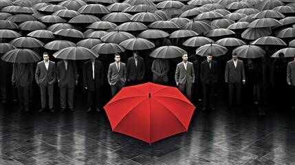 Illustration of a person carrying a red umbrella among a group of people carrying gray umbrellas. generative AI