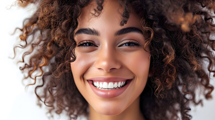 Closeup portrait of Beautiful smiling happy woman with curly hair on white background