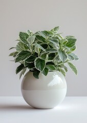 Centered on a white background, a 'Dudleya brittonii', its powdery white leaves creating a striking contrast with the glossy white of its spherical pot