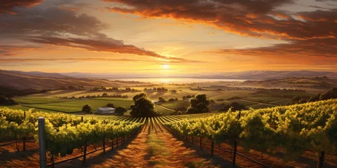 Fotobehang A panoramic view of a vineyard at sunset, with rows of grapevines bathed in warm, golden light. © Habib