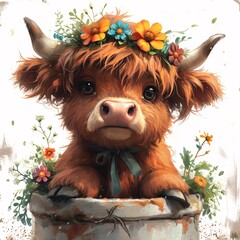 Brown Cow with Flowers in Its Hair: A Cute and Creative Image for Adobe Stock Generative AI