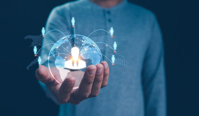 Employing CRM, the businessman manages global customer networks, leveraging technology for data...