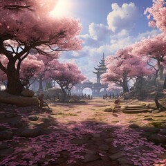 A peaceful cherry blossom grove, with delicate pink petals fluttering in the breeze and a carpet of flowers covering the ground.