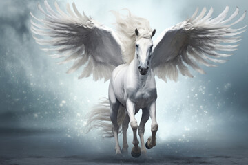 The mythical pegasus horse with spread wings against the background of a clouds