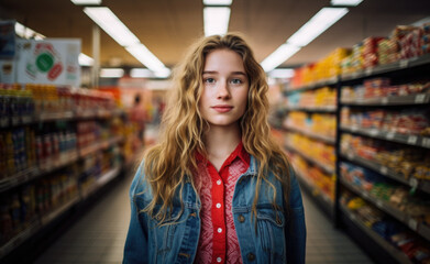 Portrait Of Millennial Lady Buying Food Groceries Walking In Supermarket. Female Customer Shopping