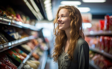 Portrait Of Millennial Lady Buying Food Groceries Walking In Supermarket. Female Customer Shopping