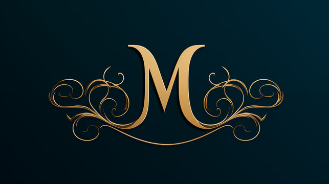 elegant golden font letter M with ornaments on black background