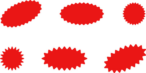 Starburst red sticker set - collection of special offer sale oval and round shaped sunburst labels and badges. Promo stickers with star edges. Vector illustration.