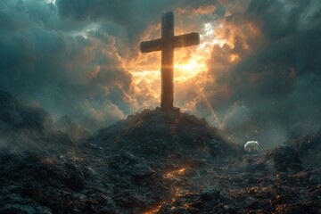 Cross in the Sky: A Dramatic Religious Scene Generative AI - obrazy, fototapety, plakaty