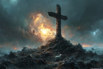 Cross in the Sky: A Christian Artwork with a Sheep and a Cross Generative AI - obrazy, fototapety, plakaty