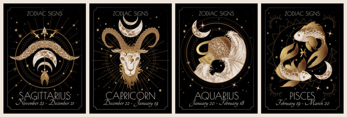 Vector set of the 4 second zodiac signs. Gold on a black background. Sagittarius, Capricorn, Aquarius, Pisces