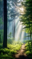 Mystical misty forest in the morning sunlight , Mystical misty forest, morning sunlight