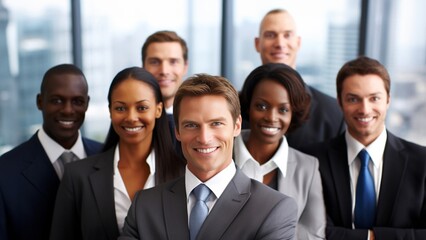Fototapeta premium Amid the office vibes, a group of businesspeople and their team exude positive body language. Generative AI.
