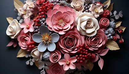Beautiful artificial flowers on black background. top view. Floral design