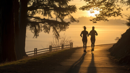 Man and woman jogging by the lake on a misty morning - obrazy, fototapety, plakaty