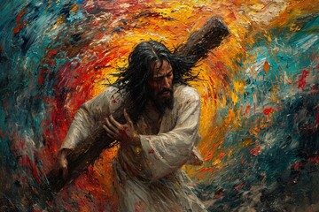 Jesus Carrying Cross in the Month of April Generative AI - obrazy, fototapety, plakaty