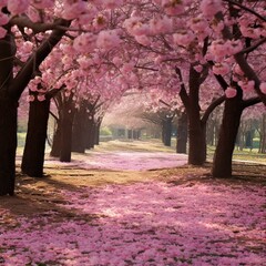 A peaceful cherry blossom grove, with delicate pink petals fluttering in the breeze and a carpet of flowers covering the ground.