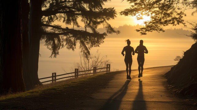 Man and woman jogging by the lake on a misty morning