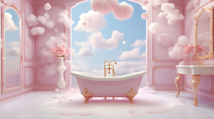 Dreamy illustration of a bathroom and a bathtub.
