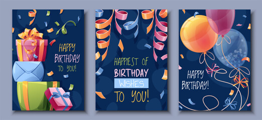 Set birthday greeting card design. Banner, flyer template with colorful balloons, a bunch of gifts, confetti and serpentine. Happy birthday Invitation design for holiday, anniversary, party