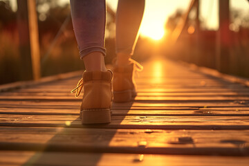 Woman in stylish sneakers walking  on on a wooden path , closeup
