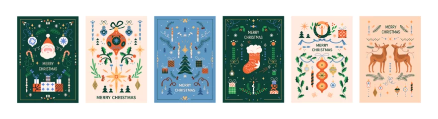  Merry Christmas cards set. Xmas posters with vintage ornaments, winter holiday patterns, santa, reindeer, tree, gift. Festive season postcards in retro Scandinavian style. Flat vector illustrations © Good Studio