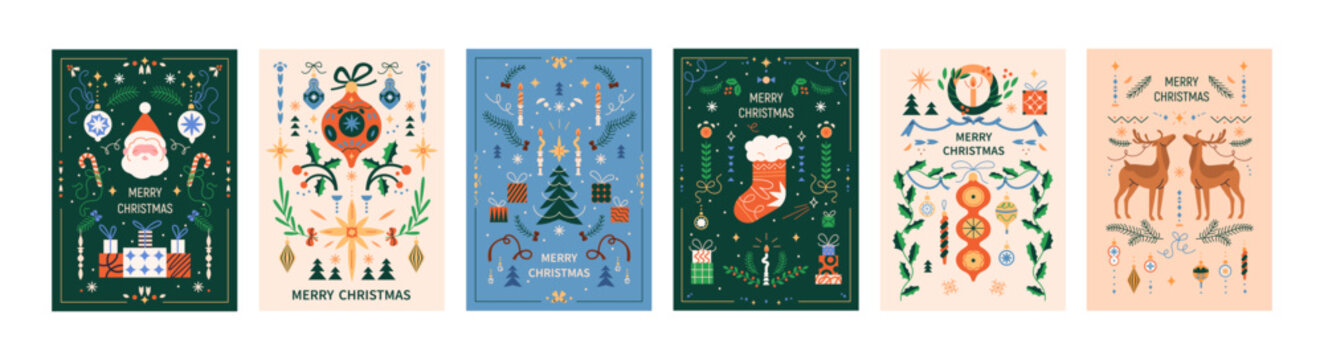 Fototapeta Merry Christmas cards set. Xmas posters with vintage ornaments, winter holiday patterns, santa, reindeer, tree, gift. Festive season postcards in retro Scandinavian style. Flat vector illustrations