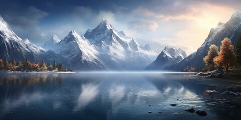 A peaceful lake surrounded by snow-capped mountains, with a reflection of the towering peaks in the calm water. - Powered by Adobe