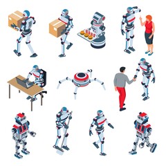 Robots isometric cartoon icons set