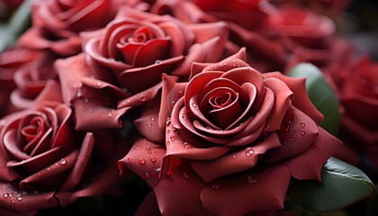 Beautiful bouquet of red roses with dew drops close up