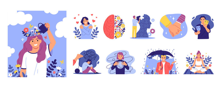 Mental health illustration and icons in flat style - Powered by Adobe