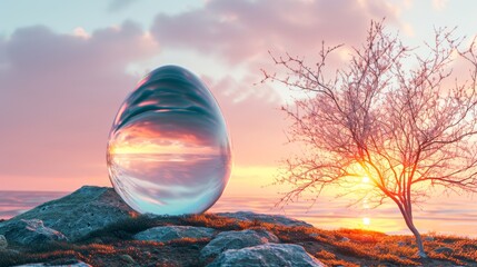 A solitary glass egg reflects the fiery hues of a winter sunset against a backdrop of a tranquil sky, towering trees, and rugged rocks, encapsulating the beauty of nature's ever-changing landscape - obrazy, fototapety, plakaty