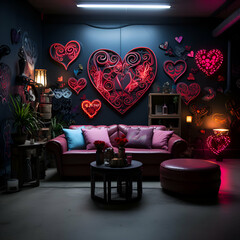 Valentine's Day interior with red hearts on a dark wall
