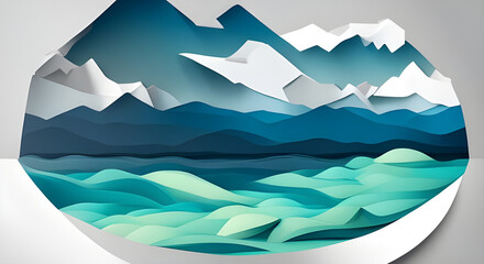Illustration of an abstract sea and mountains paper cut art.