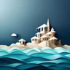 Illustration of sea, desert, and village paper art.