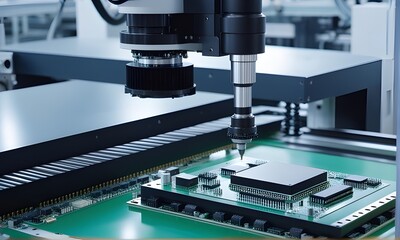 High precision robot arm inside a Semiconductor Factory. Computer Chip Manufacturing in Fab. Electronic component manufacturing industry