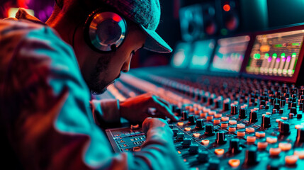 Music Producer, A music producer in a recording studio, adjusting audio equipment and working with artists.