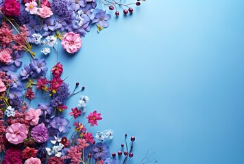 purple flowers border with top part over light blue background with copy space