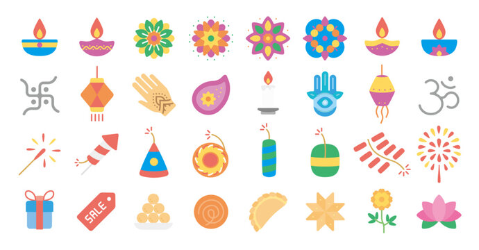 Diwali festival icon set (Flat fill version)