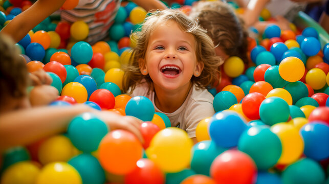 Niña disfrutando dentro de una piscina de bolas en un parque de bolas.